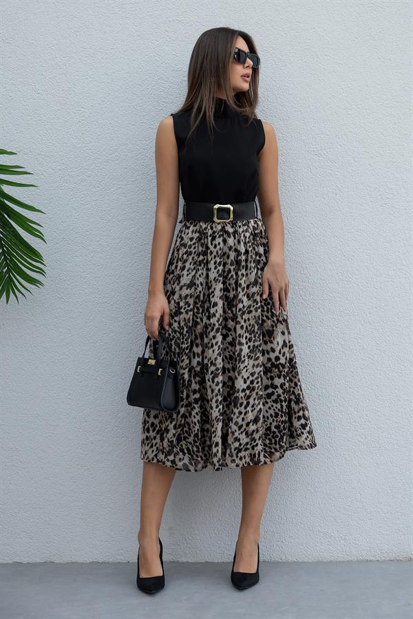 Leopar Desenli Elbise - SİYAH