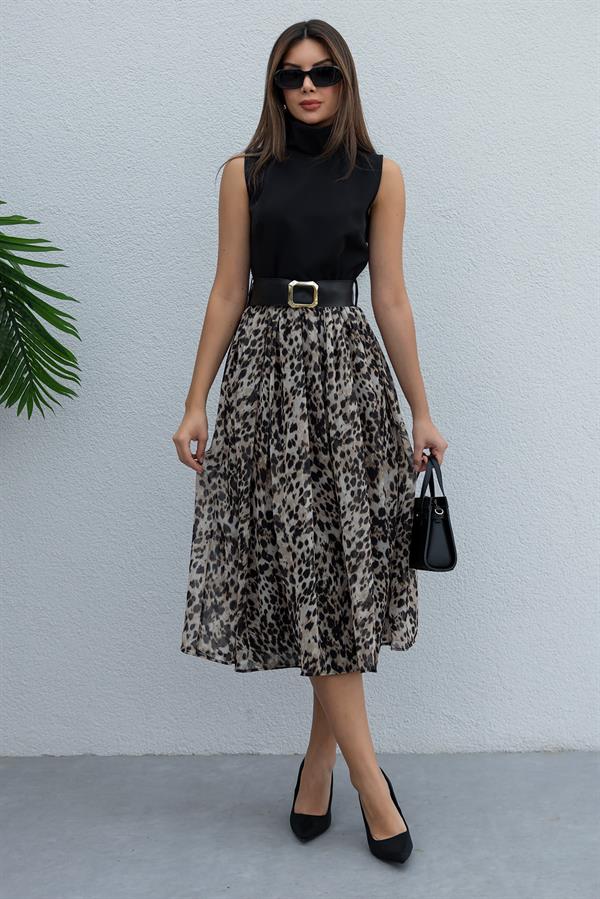 Leopar Desenli Elbise - SİYAH