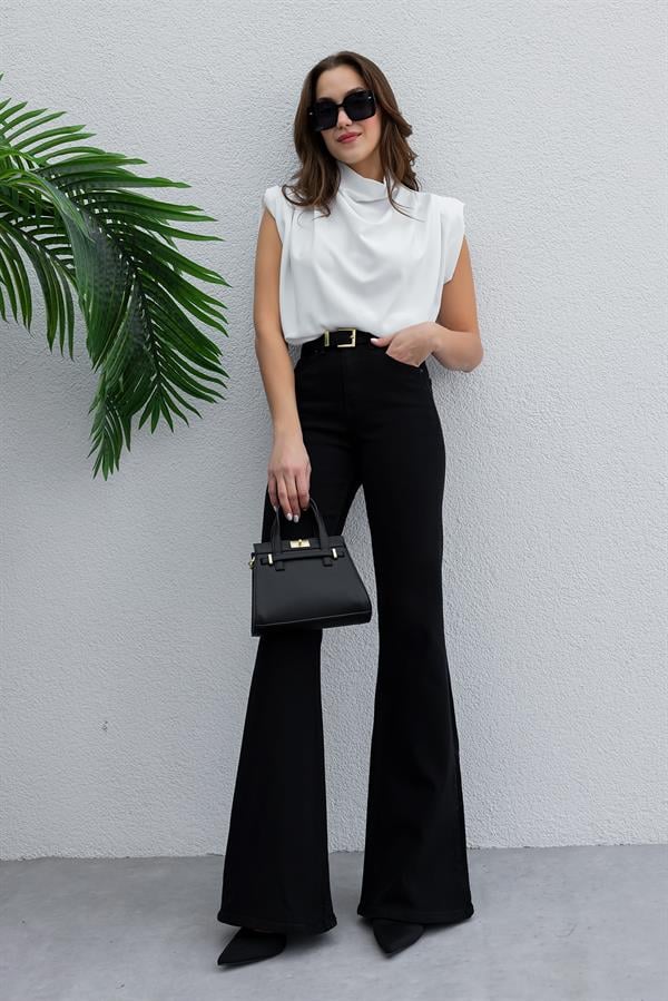 Likralı İspanyol Paça Jean - SİYAH