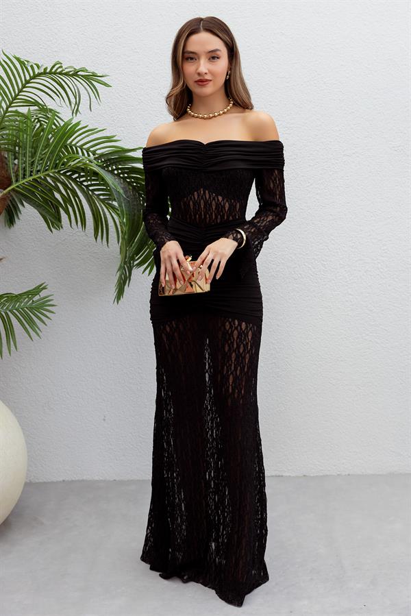 Madonna Yaka Dantel Elbise - SİYAH