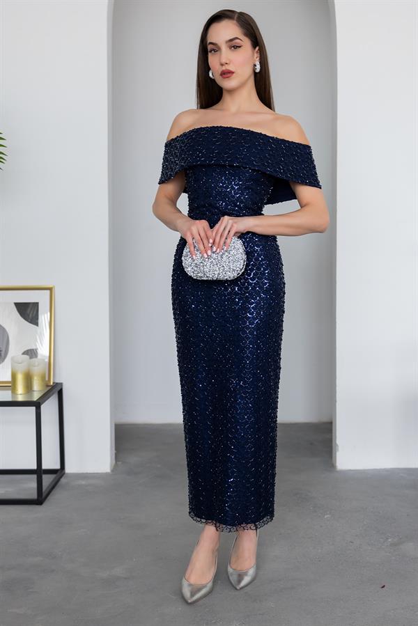 Madonna Neck Sequin Gown - Navy Blue