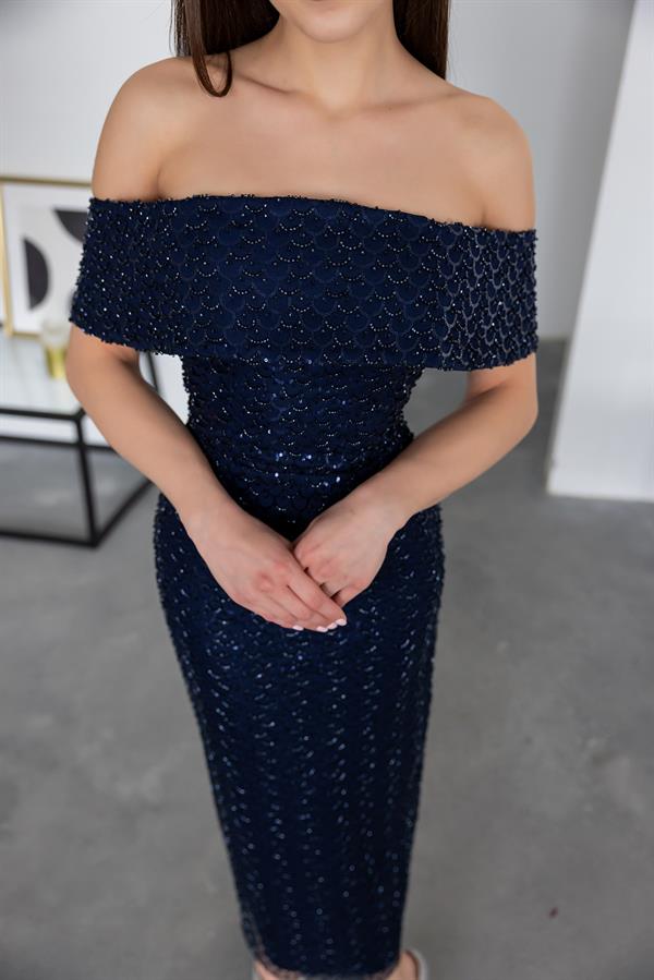 Madonna Neck Sequin Gown - Navy Blue