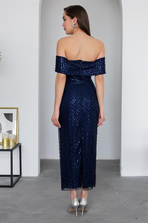 Madonna Neck Sequin Gown - Navy Blue