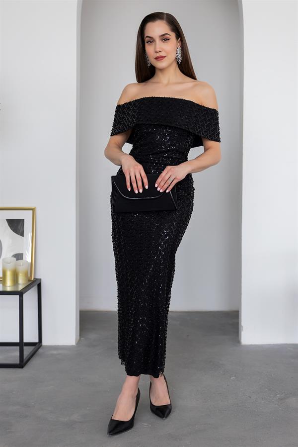 Madonna Neck Sequin Gown - Black