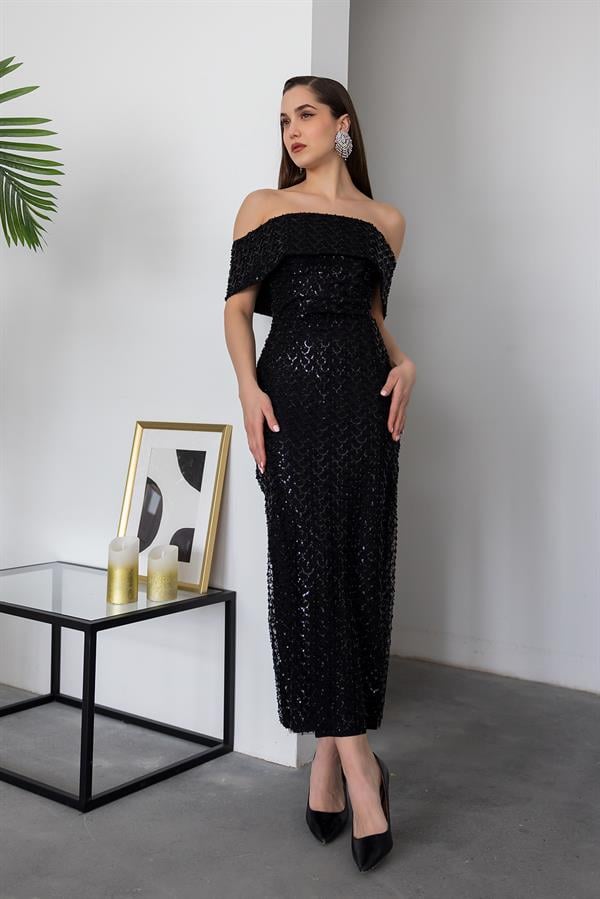 Madonna Neck Sequin Gown - Black