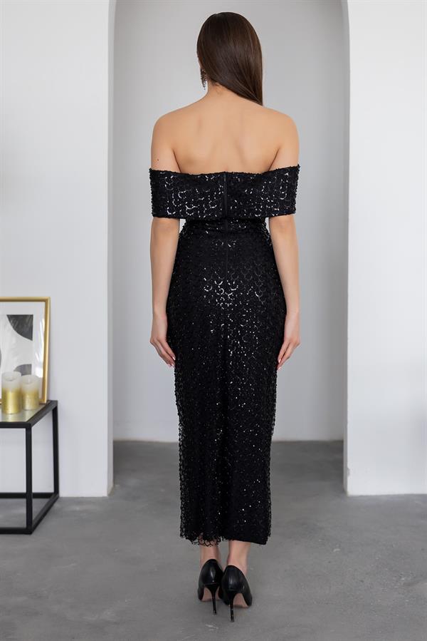 Madonna Neck Sequin Gown - Black