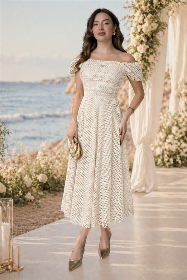 Madonna Yaka Simli Abiye - KREM