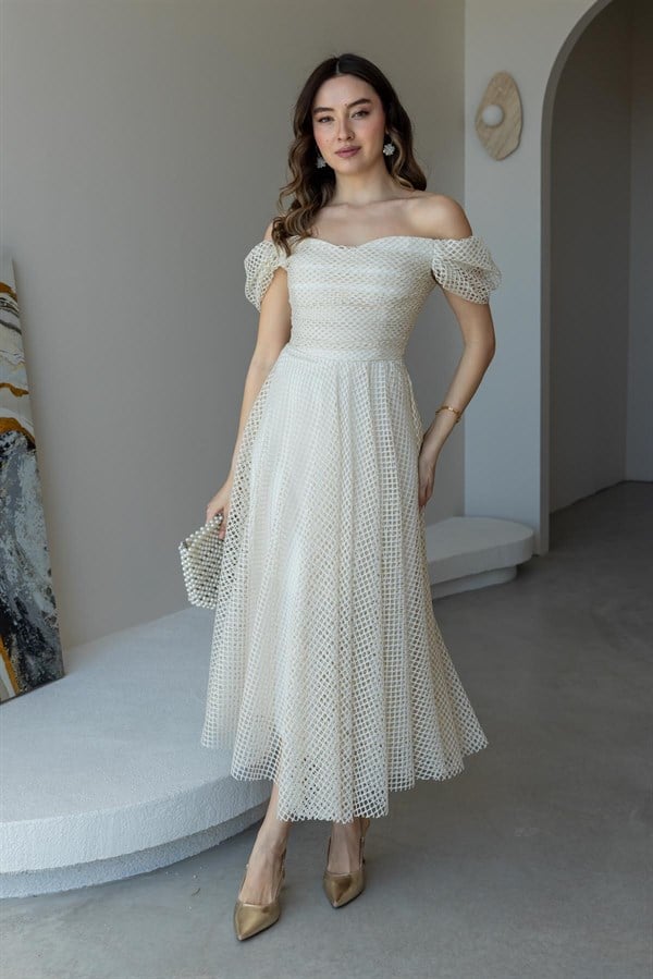 Madonna Yaka Simli Abiye - KREM