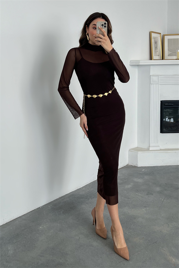 Maxi Boy Tül Elbise - KAHVERENGİ