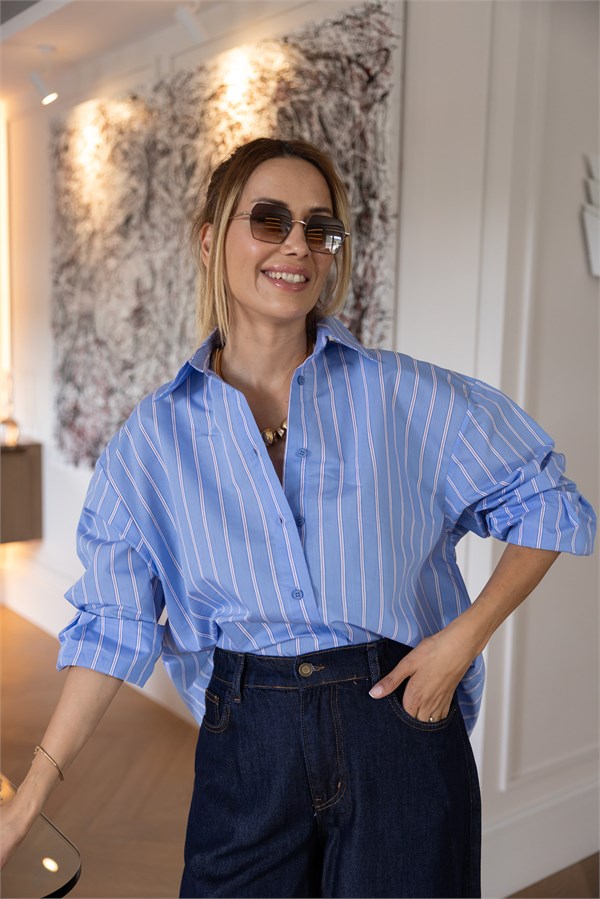 MGZ İnce Çizgili Oversize Gömlek - MAVİ