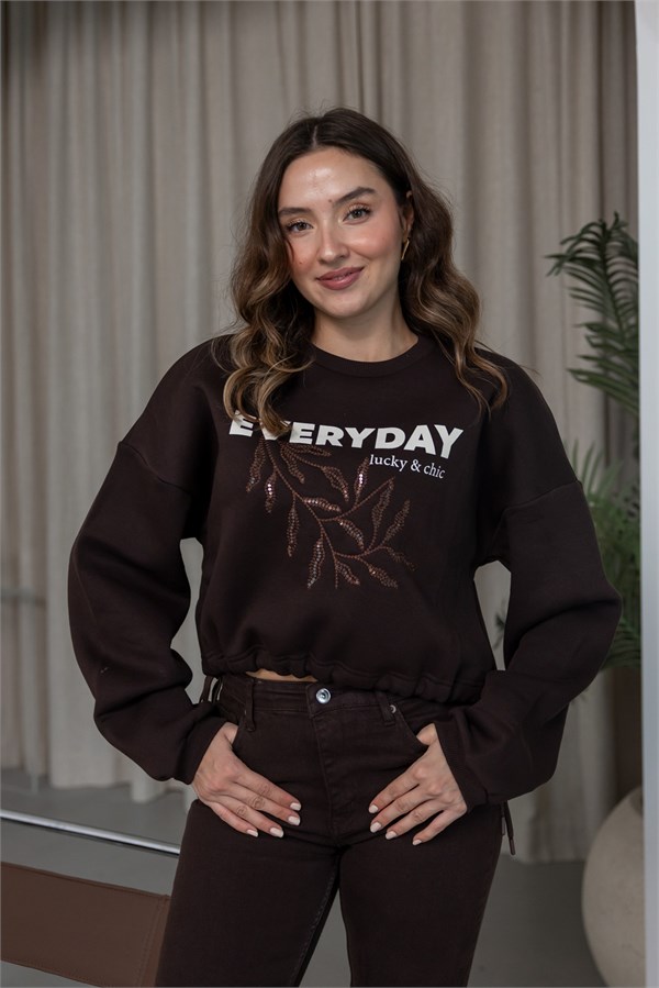 MGZ Nakışlı Yazı Baskılı Crop Sweat - KAHVERENGİ