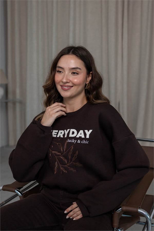 MGZ Nakışlı Yazı Baskılı Crop Sweat - KAHVERENGİ