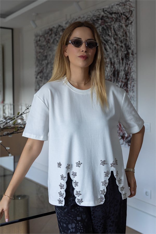 MGZ Taşlı T-Shirt - BEYAZ