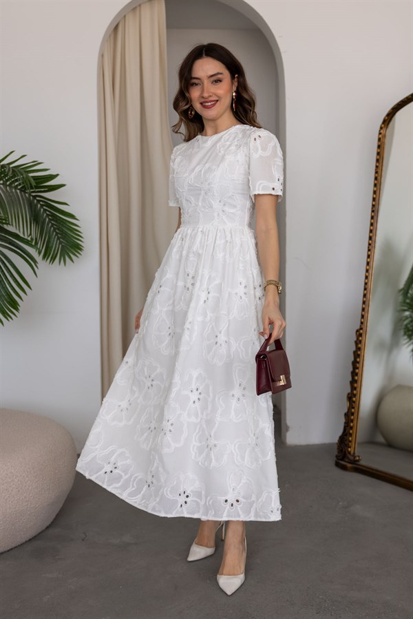 Midi Dantel Elbise - BEYAZ