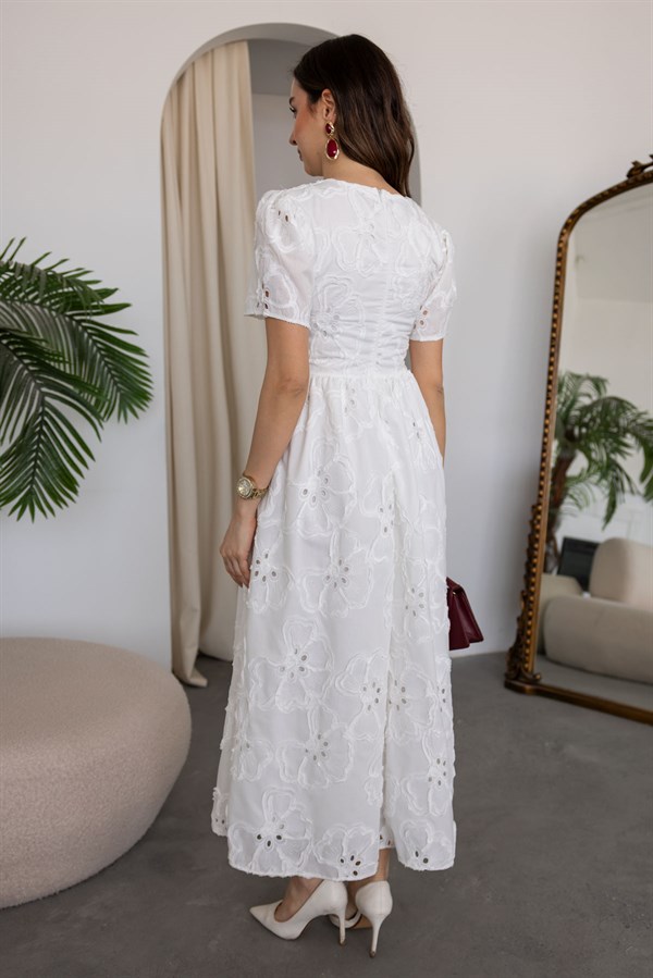 Midi Dantel Elbise - BEYAZ