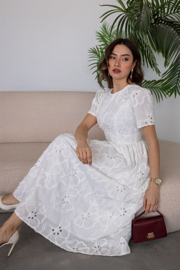 Midi Dantel Elbise - BEYAZ