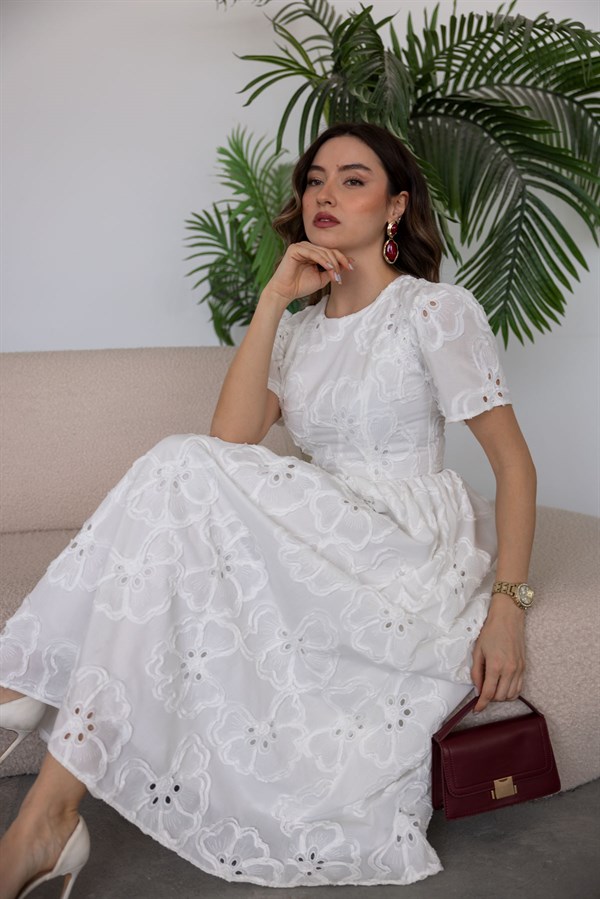 Midi Dantel Elbise - BEYAZ