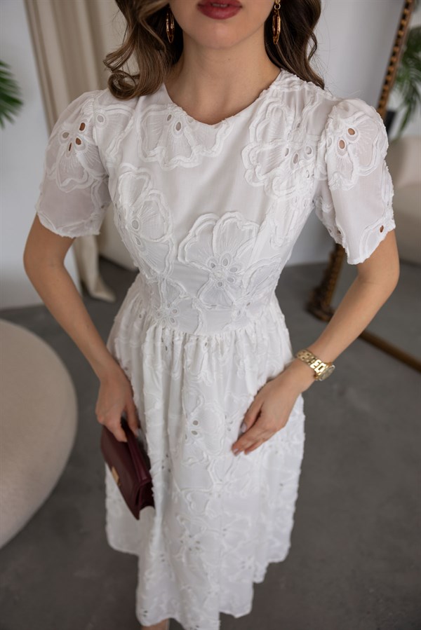 Midi Dantel Elbise - BEYAZ