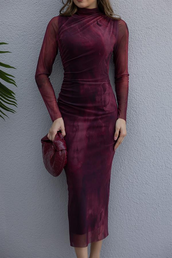 Midi Tül Örme Elbise - BORDO