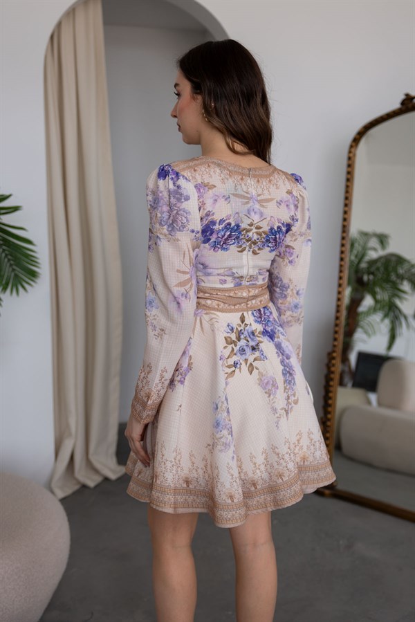 Mini Çiçek Desenli Elbise - EKRU