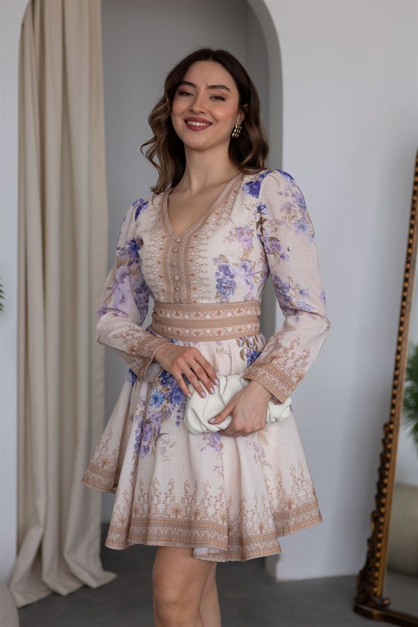 Mini Çiçek Desenli Elbise - EKRU