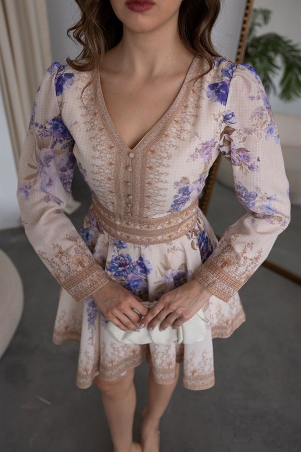 Mini Çiçek Desenli Elbise - EKRU