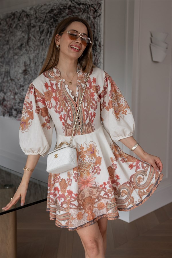 Mini Etnik Desenli Elbise - KREM