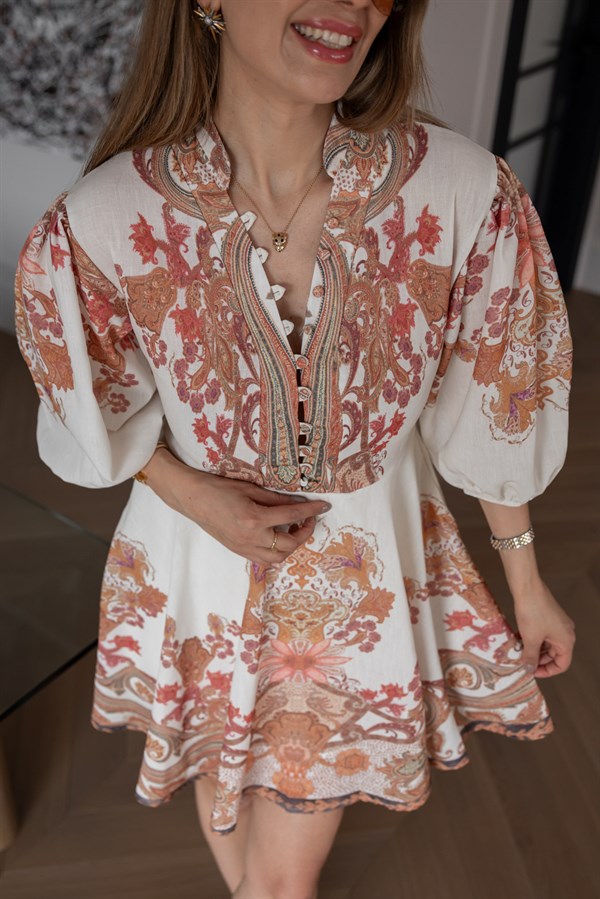 Mini Etnik Desenli Elbise - KREM