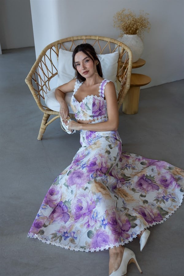Nakış Detaylı Crop Takım - LİLA