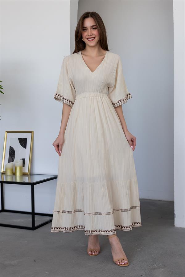 Nakış Detaylı Kloş Elbise - BEJ