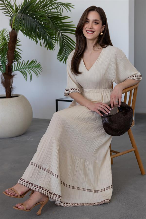 Nakış Detaylı Kloş Elbise - BEJ