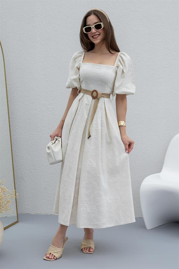 Nakış İşlemeli Elbise - BEJ