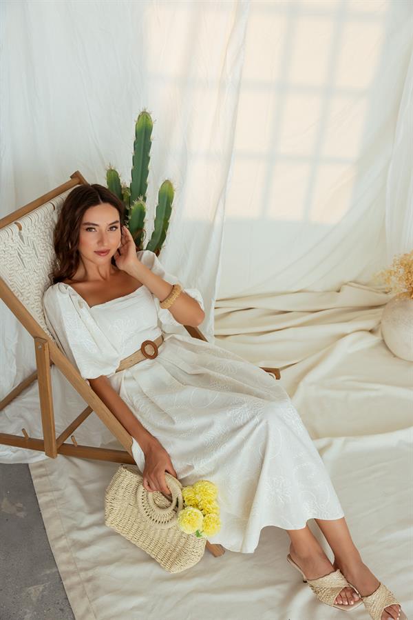 Nakış İşlemeli Elbise - BEJ