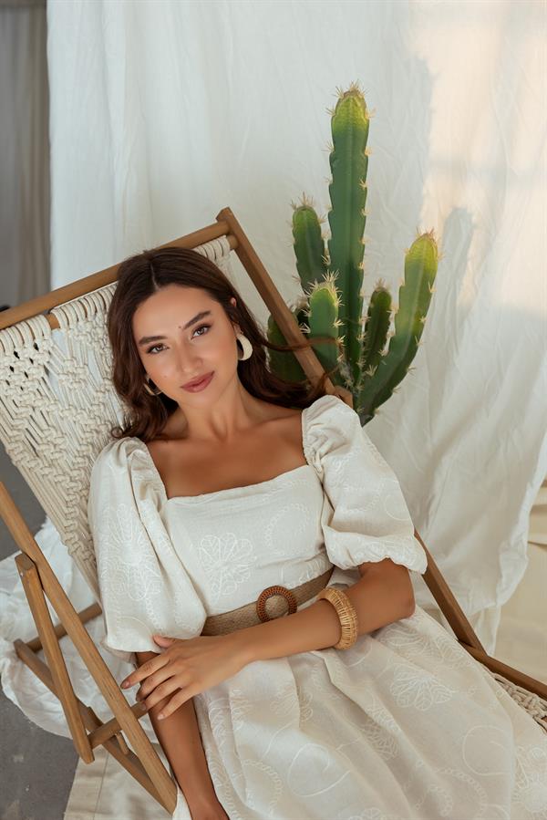 Nakış İşlemeli Elbise - BEJ