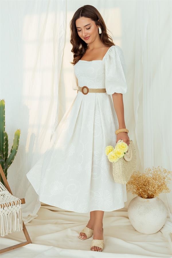 Nakış İşlemeli Elbise - BEJ