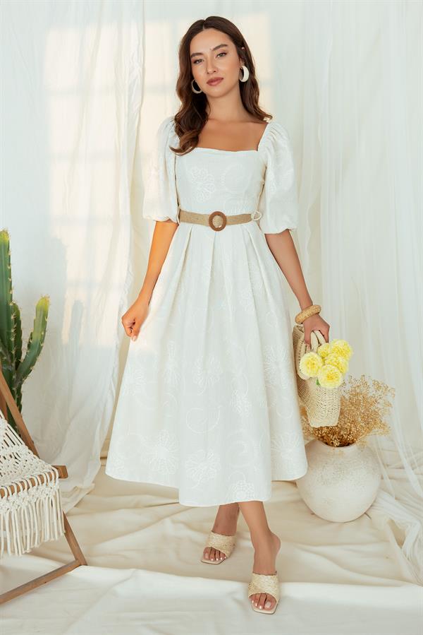 Nakış İşlemeli Elbise - BEJ