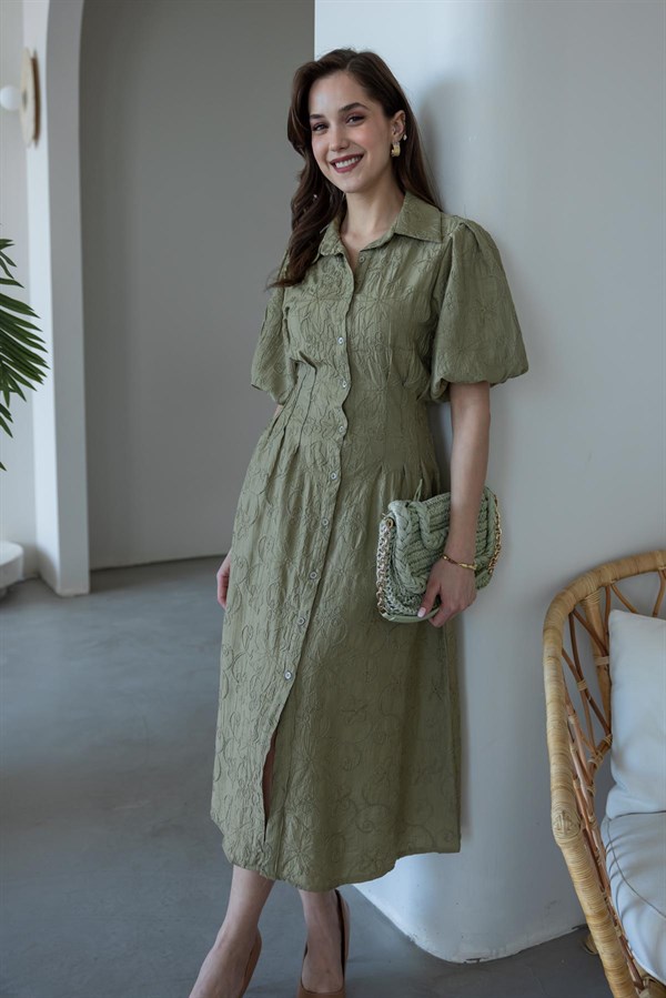 Nakışlı Balon Kol Keten Elbise - HAKİ