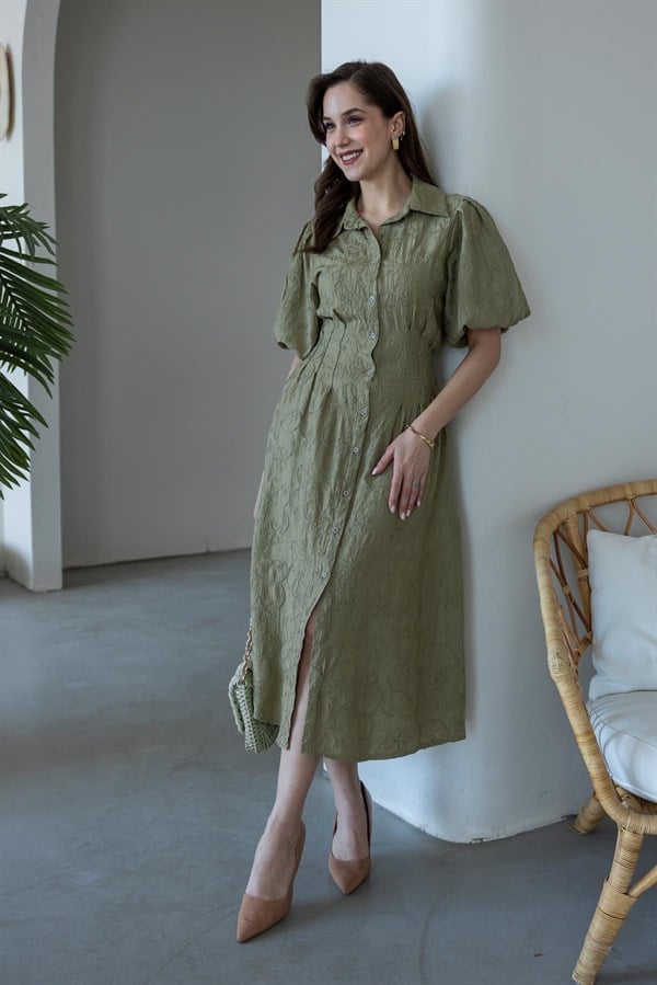 Nakışlı Balon Kol Keten Elbise - HAKİ