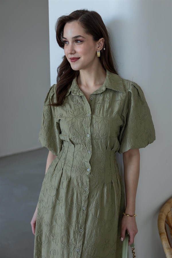 Nakışlı Balon Kol Keten Elbise - HAKİ