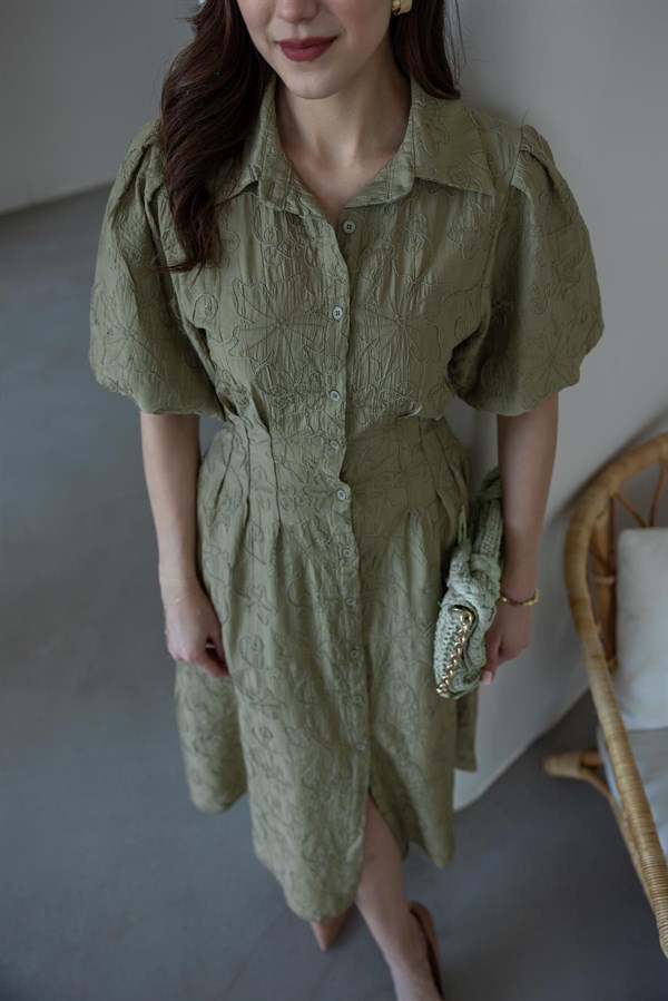 Nakışlı Balon Kol Keten Elbise - HAKİ