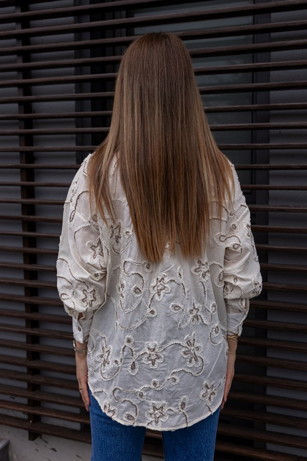 Nakışlı Keten Gömlek - EKRU