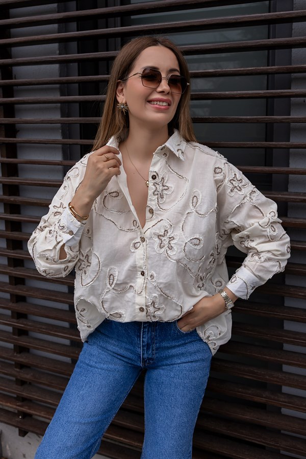 Nakışlı Keten Gömlek - EKRU