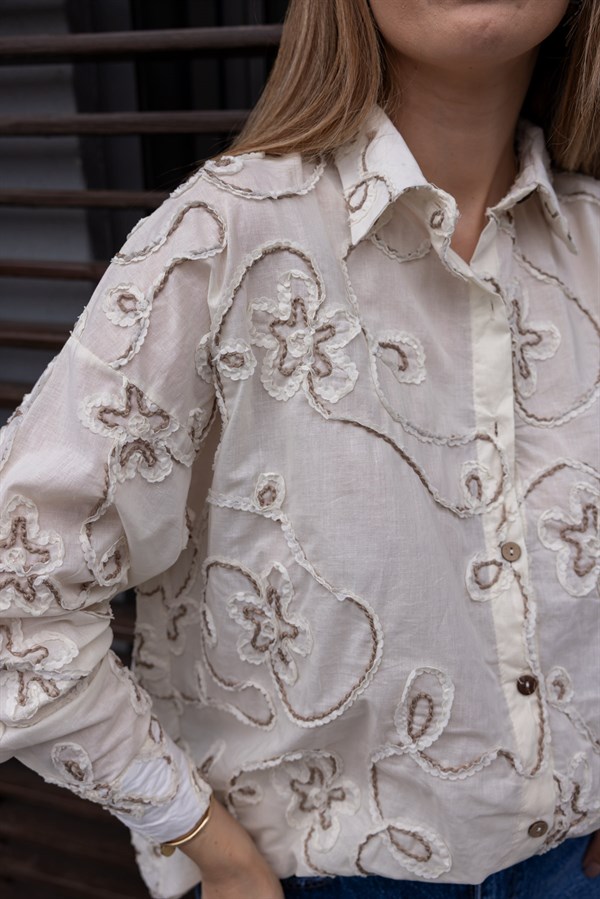 Nakışlı Keten Gömlek - EKRU