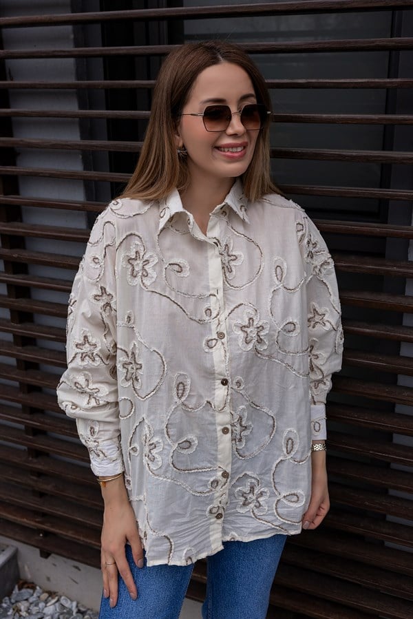 Nakışlı Keten Gömlek - EKRU