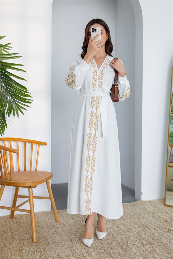 Nakışlı Maxi Elbise - EKRU