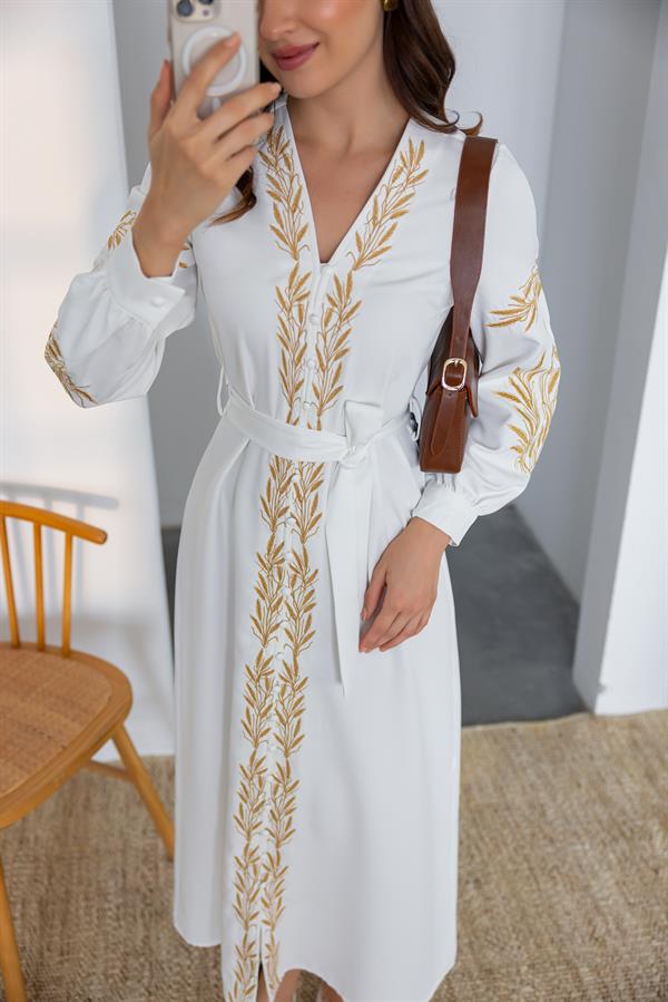 Nakışlı Maxi Elbise - EKRU