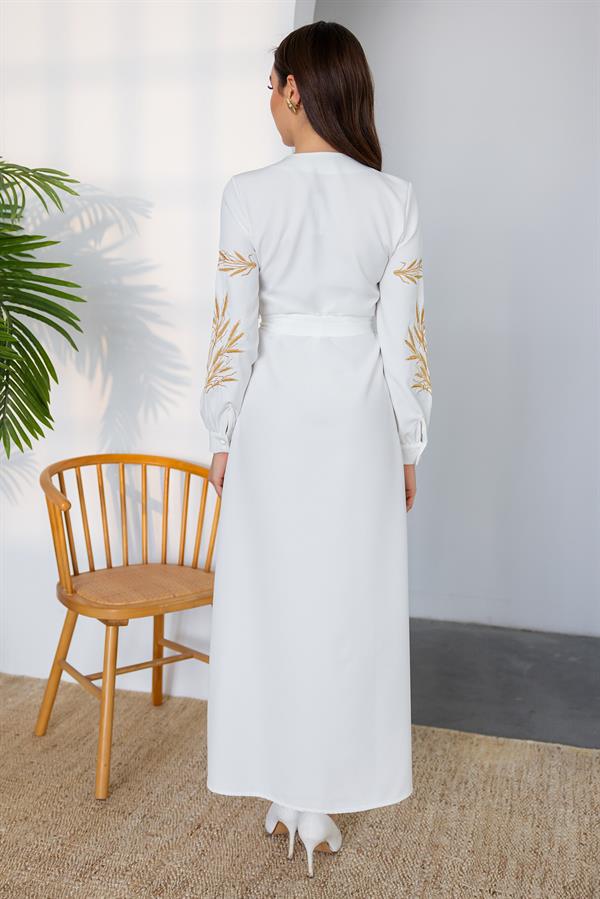 Nakışlı Maxi Elbise - EKRU