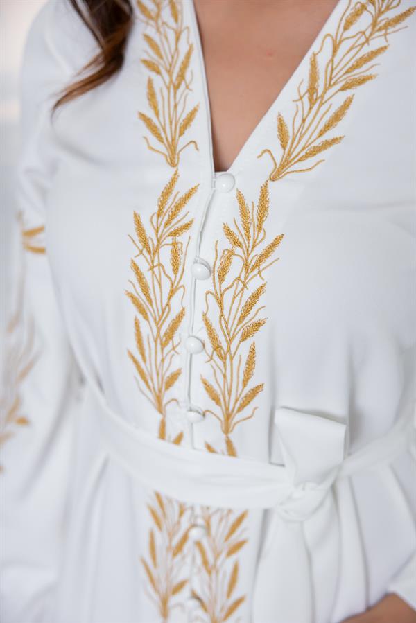 Nakışlı Maxi Elbise - EKRU