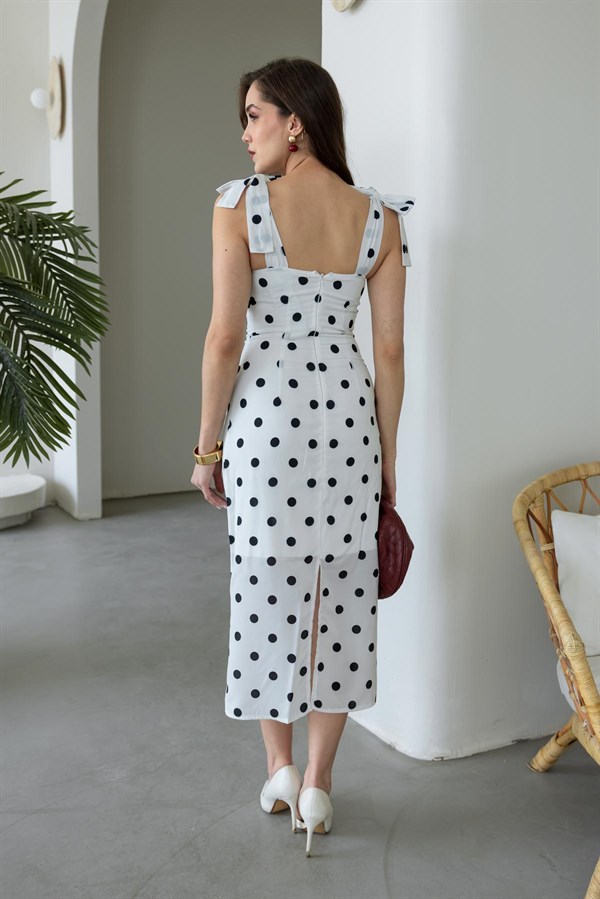 Omuz Bağlamalı Puantiyeli Elbise - BEYAZ