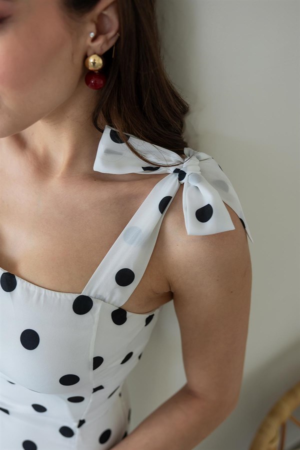 Omuz Bağlamalı Puantiyeli Elbise - BEYAZ